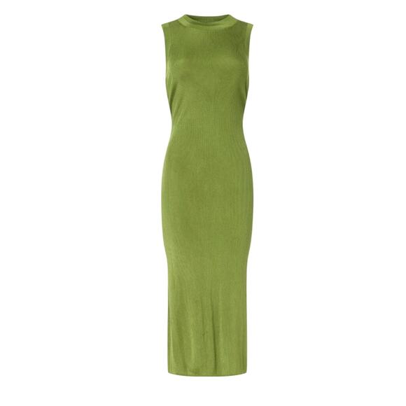 Atlein Chartreuse Knit Midi Tank Dress SMALL Bodycon Silky Ruched Designer $445 - Picture 3 of 10